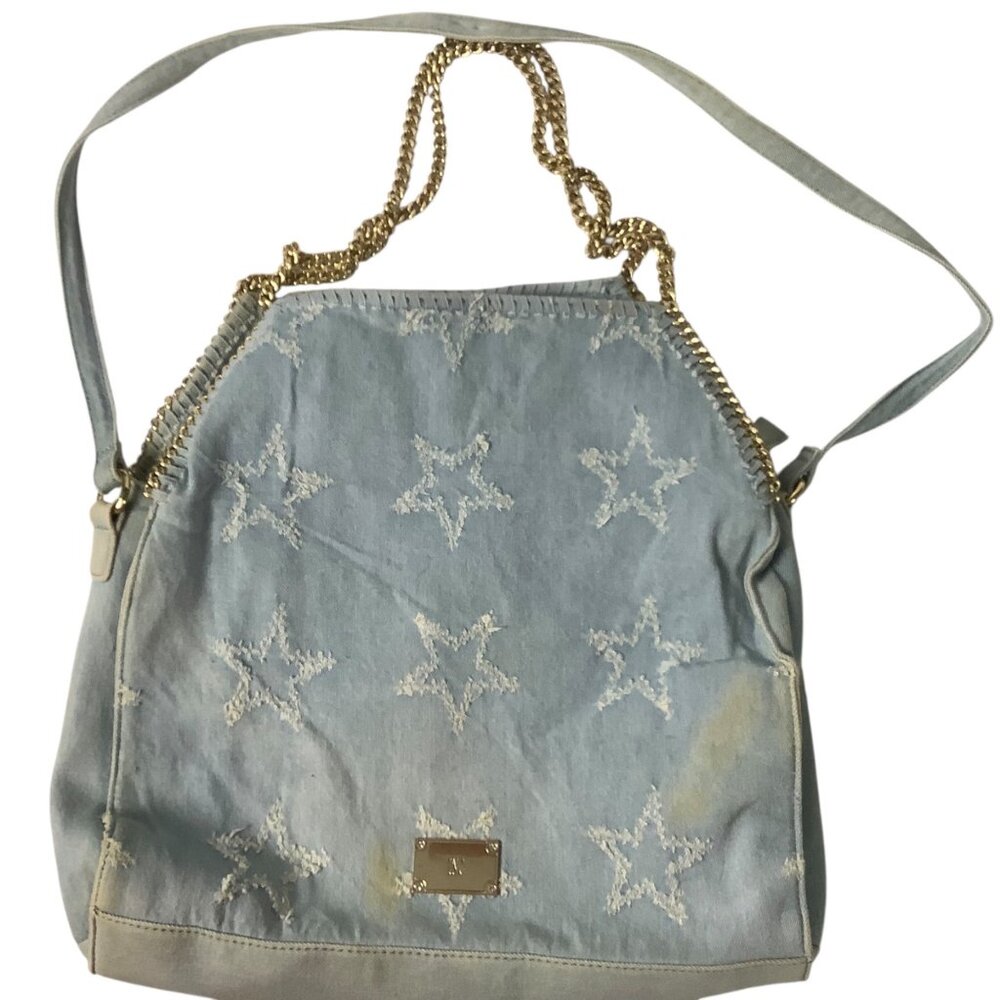 INC‎ Kadi Twill Distressed Denim Light Blue Embellished Tote Satchel Bag